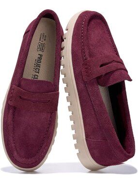 🆕 Women's Project Cloud Suede Penny Loafers Chunky Platform Maroon Flat Shoes